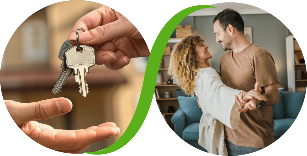 Two images of a person being handed keys to their new home and a couple happy about moving into their new home